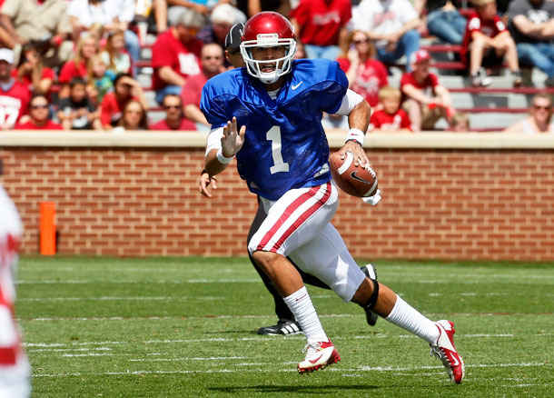 Kendal Thompson, seen here in an upright moment. (AP)